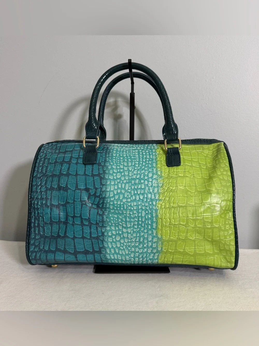 Teal Lime Ombre Croc Embossed Satchel Crossbody Bag Faux Leather